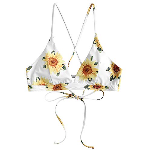 ZAFUL Women s Back Lace-up Swimsuit Flower Print Cheeky Thong Bikini (L, Top Only - Sunflower & White)