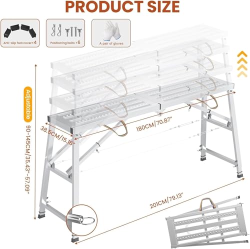 Adjustable Scaffolding Platform, 71\" L x 15\" W x 35\"-57\" H Alloy Portable Multi Purpose Work Platform with Double Rope, 800 lbs Load Capacity Folding Work Bench for Car Washing, Repairing, Painting