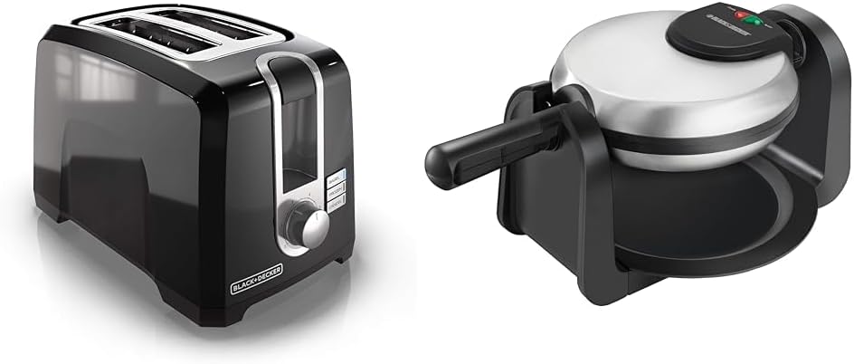 BLACK+DECKER 2-Slice Toaster, T2569B, Extra Wide Slots, 6 Shade Settings, 850 Watts, Crub Tray & Flip Waffle Maker, WM1404S, 7" Round Belgian Waffles, Ready Light Indicator