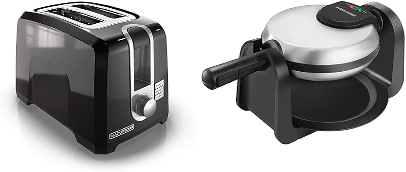 BLACK+DECKER 2-Slice Toaster, T2569B, Extra Wide Slots, 6 Shade Settings, 850 Watts, Crub Tray & Flip Waffle Maker, WM1404S, 7" Round Belgian Waffles, Ready Light Indicator