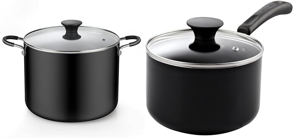 Cook N Home Nonstick Stockpot with Lid 10.5-Qt, Deep Cooking Pot Cookware Canning Stock Pot with Glass Lid, Black & Nonstick Sauce Pan with Glass Lid 2-Qt, Multi-purpose Pot Saucepan Kitchenware