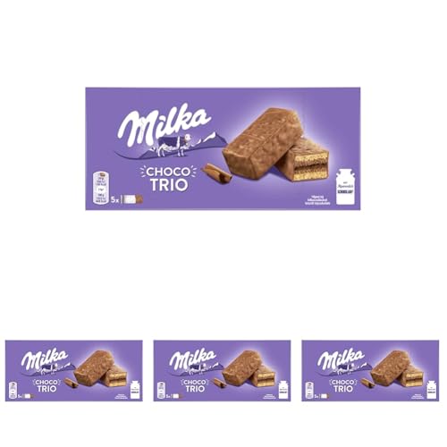 Milka Choco Trio Bizcocho de Cacao y Cubierto con Chocolate con Leche de los Alpes 150g (Paquete de 4)