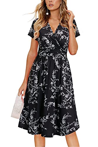Image of OUGES Casual Summer Dress for Women Wrap V Neck A Line Midi Dresses with Pockets
