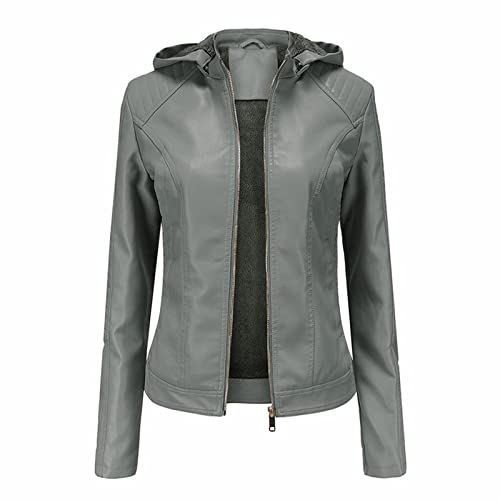 Veste femme à capuche moteur manteau zip biker court punk gris