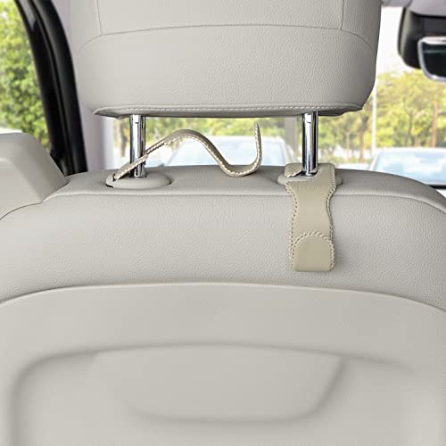 Axelect Headrest Hooks For Purses And Bags, 4 Pcs Leather Purse Holder For Car,Car Back Seat Headrest Hanger Vehicle Leather Storage Hook Beige #TOP5