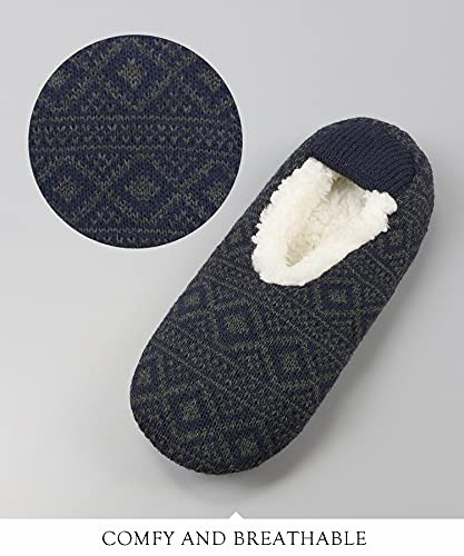 Vaguku Mens Cozy Soft Sole Slipper Socks With Non Skid Bottoms, Warm Slipper Socks With Grippers For Men, Fuzzy House Slippers(Navy Lattice, 10-13) #TOP1