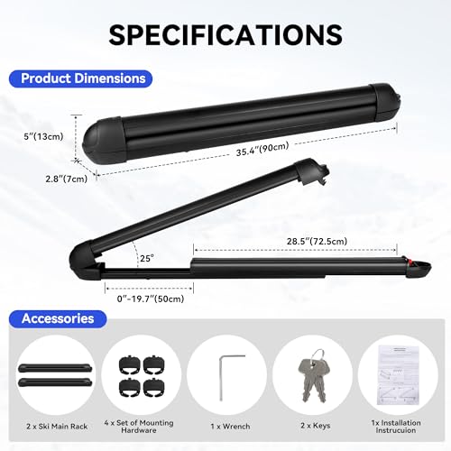 Richeer Slideable Ski & Snowboard Racks - Enhanced Locking System, Crab Mounting Design,Compatible with Multiple Crossbar, Easy Installation - 28\'\'Holds 6 Pairs of Skis or 4 Snowboards, Black - Thumbnail 7
