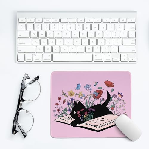 Image of Kawaii Mouse Pads,Cute Black Cat Mouse Pad,Girly Pink Floral Desk Mat for Home Office Dorm Desktop Decor,Cat Lover Gift,10.2x8.2 Inch