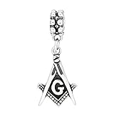 Sterling Silver Flat Oxidized Mason Masonic Symbol Dangle Bead Charm Compatible with Pandora Bracelets