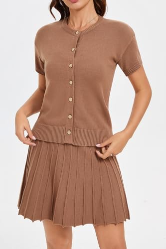 Jenisso Women 2 Piece Skirts Set Summer Knit Sweater Button Down Short Sleeve Cardigan and Mini Skirt Casual Outfit — view 3