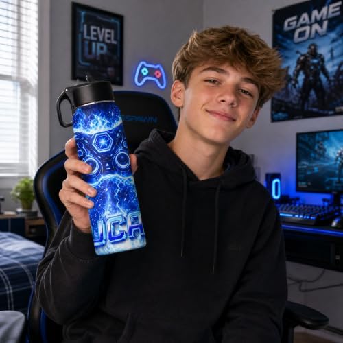 Artsadd Personalized Water Bottle for Kids Boys Custom Name Gamer Insulated Bottle with Straw Lid Girls Water Cup Thermos for School, Sports, Back to School