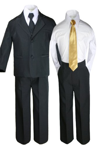 6pc Baby Kid Teen Boys Black Tuxedo Suit with Satin Gold Necktie S-20 (4T)
