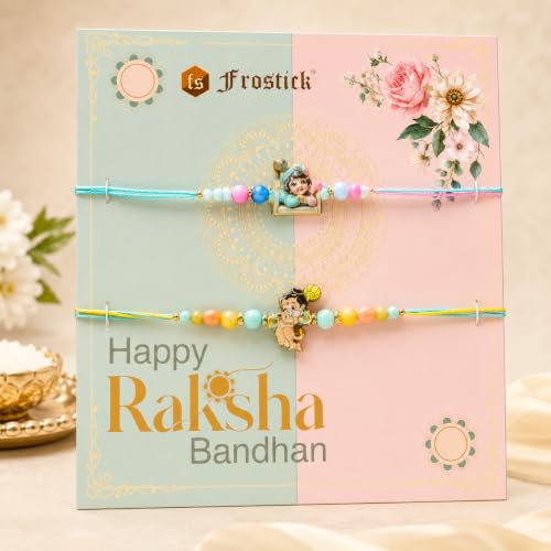 Image of Frostick Kid's Rakhi Gift Set - 2 Little Krishna and Hanuman Rakhis, 1 Celebrations Chocolate Pack, Roli Chawal, Greeting Card | Perfect Raksha Bandhan Chocolate Combo for Brother