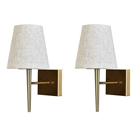 Kaj Hejmo Mid-Century Modern Wall Sconce with Beige Fabric Shade| 1-Light Antique Gold Indoor Wall Lamp Fixture| Hallway Bathroom Vanity Light Sconces Wall Lighting (2-Pack) Cover
