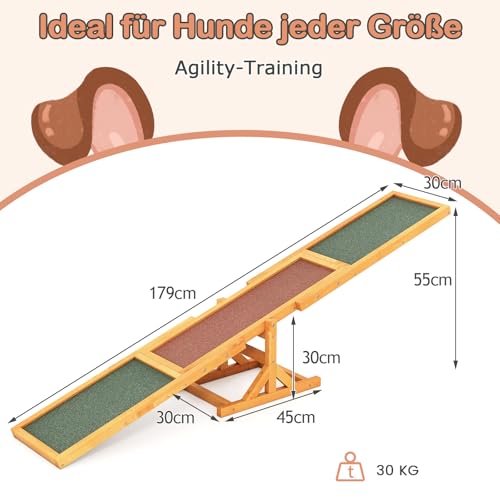 COSTWAY Hundewippe Holz, Hunde Agility Wippe, Outdoor Hundesport für Balance-Training, für kleine & große Hunde bis 60 kg, wetterfestes Spielset, 179 x 30 x 55 cm (Gelb)
