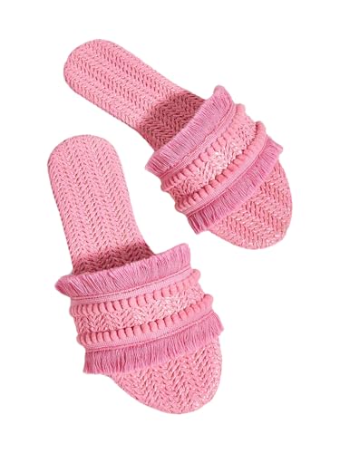Image of OYOANGLE Women's Fringe Straw Sandals Crochet Open Toe Single Band Flat Slip On Sandals