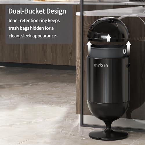 Image of MRBIN Metal Trash Can with Lid, 5.3 Gallons / 20L Medium Decorative Waste Basket, Round Tall Garbage with High Leg for Bathroom, Office, Bedroom, Kitchen, Black