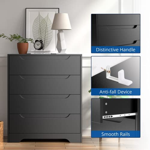 Cozy Castle 4 Drawer Chest, Mid Century Nightstand With Cutout Handle, Wood Storage Cabinet With Drawers, Accent Drawer Dresser For Bedroom Living Room Home Office Entry, Black #TOP5