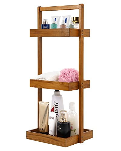 Utoplike Teak Shower Caddy Shelf, Standing Shower Organizer for Bathroom Corner, Wooden Freestanding Racks Storage for Inside Shower, Bath, Office, Stand Up 3 Tier Kitchen Desktop Organization