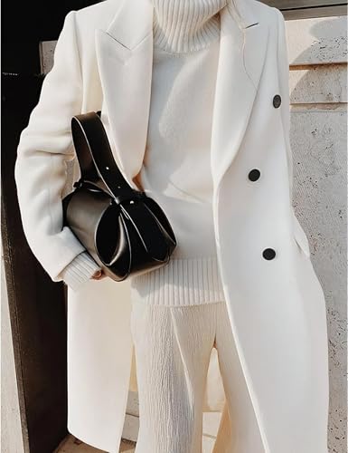 Kinghua White Long Coat Women Wool Blazer Jacket Fall Winter Outfits Dress Trench Coat Pea Coats, White, S