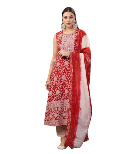 Stylum Women's Printed & Embroidered Rayon A-Line Kurta Dupatta Set (Kdredbull42_Red, Xl)