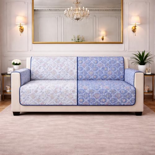Image of STITCHNEST 'Double Vie Collection Series' Cotton Quilted Reversible Sofa Cover 2 Seater with Arm Rest and Pocket | Size 48x60 Inch