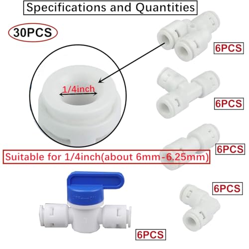 HAXIHA Wasserzulaufleitung Universal Anschluss-Set,30 Stück RO Wasserfilter Fitting 1/4\(6mm) Pushfit gerade Stecker für ühlschrankschlauch, Wasserschlauch (Y + T + I + L Typ Combo+Absperrventil)