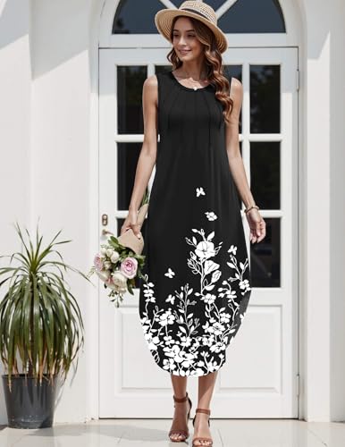 Image of Zeagoo Women Floral Summer Casual Beach Printed Tank Dress with Pockets Pleated Front Long Dress