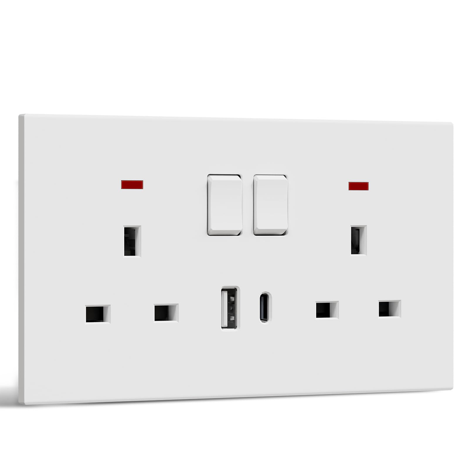 BSEED Double Socket with USB C, Electrical Double Switched Power Plug Wall Socket with LED Indicator, PC Wall Plate Outlet, White, 13A