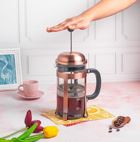 Image of Sipologie Vintage Copper French Press Coffee Maker 1000ml, Copper, 4-Level Filtration, Heat Resistant Borosilicate Glass, Stainless Steel Housing, Measurement Marking, Coffee Spoon, Extra Filter Mesh