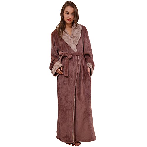 SUNBABY Thicker Long Flannel Sleepwear for Women and Man Imitation Fur Collar Bathrobes Warm Couple Pajamas (M, Coffee)