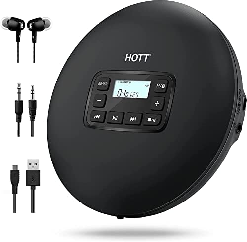 HOTT Portable CD Player for Home Travel, CD Player Portable with Stereo Earphones and Anti Shock Protection, Walkman CD Player with Headphones and AUX Cable
