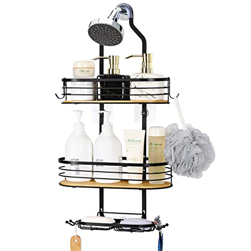 Fogein Shower Caddy Over Shower Head, Hanging Shower Caddy, Shower Basket With Suction Cup, Bathroom Shower Caddy Over The Door With Bamboo Board Hook & Soap Box, No Drilling(3 Tier, Black) #TOP4