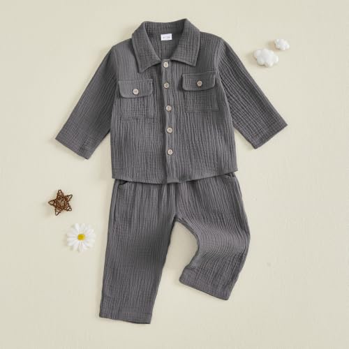 Image of VISGOGO Toddler Boy Linen Outfit Baby Boy Fall Winter Clothes Set Button-Down Shirt Tops Cotton Linen Pants 2PCS