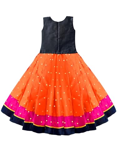 Image of Girls Designer Lehenga Choli Set Orange Rani Pink Readymade Pattu Pavadai Style Traditional Ethnic Dress for Baby Girls Kids Festive Wedding 3Months-8 Years