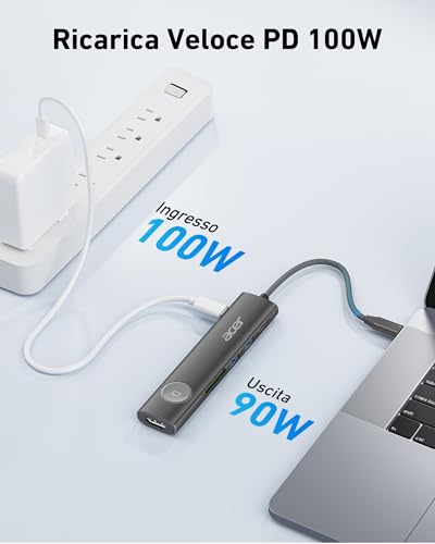 Acer Hub USB C, Adattatore USB C 7 in 1 a HDMI, 2 Porte Dati USB 3.1 e Tipo-C, HDMI 4K@60Hz, PD 100W, Lettore di Schede SD, Pulsante di Accensione/Spegnimento Schermo per Macbook Pro, iPad Pro (Nero) - Hub USB - Immagine 4