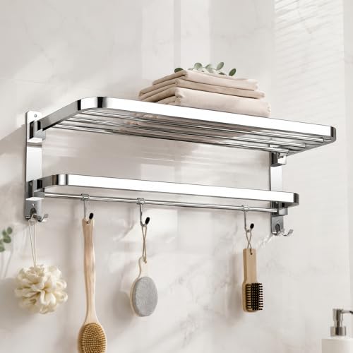 Image of Amazon Basics 1.5 KG Heavy Stainless Steel Folding Towel Holder in Bathroom, 24 Inch Wall Mounted Towel Rack with Hooks, Foldable Rustproof Towel Hanger,Space Saving Towel Holder, Chrome Finish