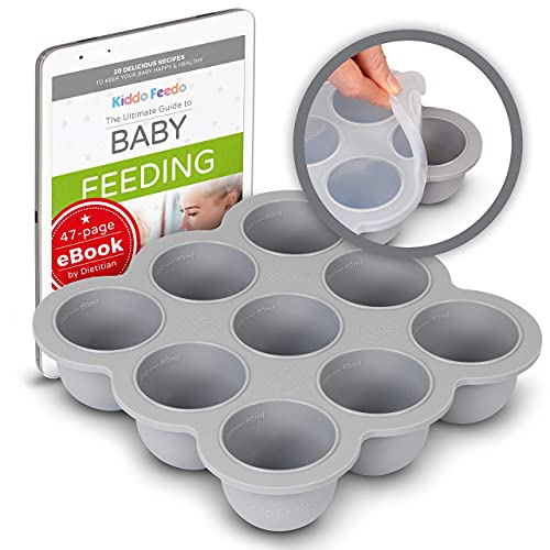 Image of KIDDO FEEDO Multipurpose Tray for Freezing Baby Food, Herbs and Ice Cubes. Also Baking Mold for Egg Bites, Muffins and Frittatas - Free E-Book by Author/Dietitian - Gray