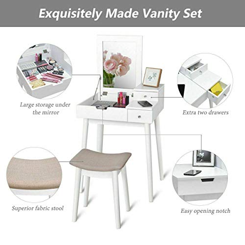 Vanity Dressing Table Set, Flip Mirror Writing Desk, Home Room Furniture Makeup Vanity Set, Stool Included, by Waterjoy