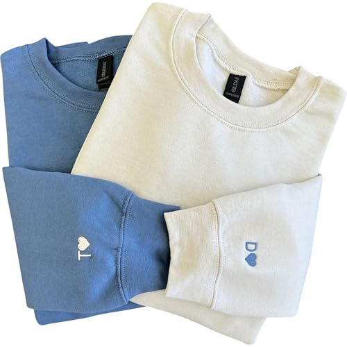 Custom Embroidered Sweatshirt Initial with Heart on Sleeve Personalized Matching Couple Hoodies for Valentines Day Anniversary Wedding Gifts for Him & Her