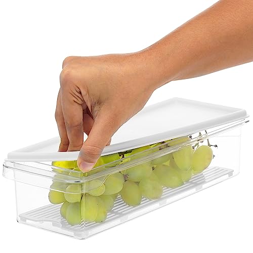 Kurtzy 3 Pack Plastic Fridge Storage Organiser Bins with Lids - Clear BPA Free, Stackable Refrigerator and Freezer Organisers With Drain Plate - For Kitchen, Pantry, Cabinets and Countertops