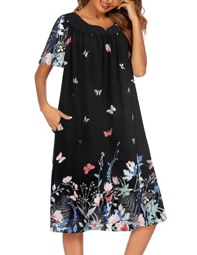 Image of Ekouaer Womens Nightgown Short Sleeve House Dress with Pockets-Floral Print Mumu Dress