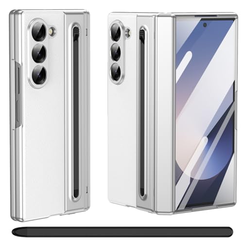 Coque Samsung Z Fold 5 en cuir blanc élégant avec charnière et protège-écran