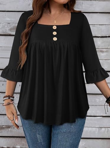 Plus Size Womens Blouses 3/4 Flutter Sleeve Square Neck Tunic Shirts Button Business Work Fall Tops 2025(XL-5XL)