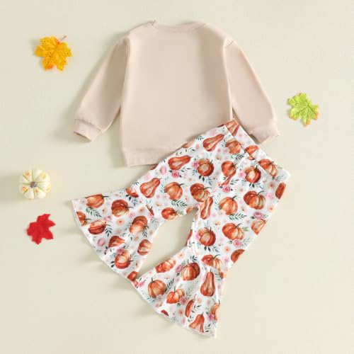 Image of Toddler Girl Halloween Outfits Pumpkin Print Top Flared Pants | Pumpkin Letter Embroidery Crewneck Sweatshirt + Flare Pants; 70% cotton, 22% polyester, 8% elastane Top; Sizes 12M-5T