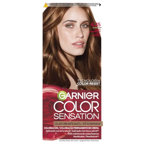 GARNIER - Pack 4 Color Sensation Tinte Permanente 6.35 Rubio Caramelo, Color Intenso y Brillo Espejo, Cobertura 100% de Canas con Aceites Florales