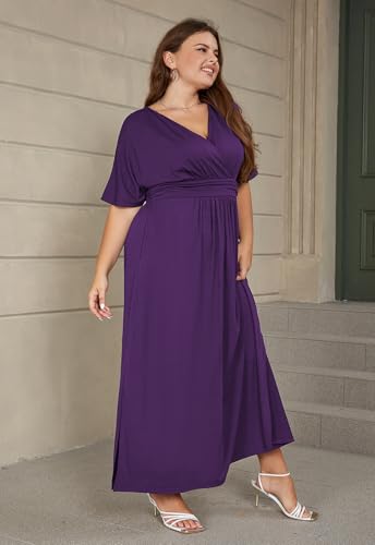 Image of Keluummi Plus Size Maxi Dress for Women Floral Empire Waist V-Neck 3 /4 Sleeve with Pockets