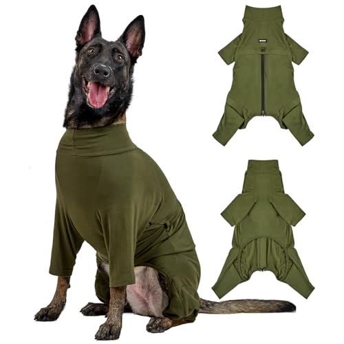 OneTigris Hund Onesie, FUZZBUD Einteiler für Große und Mittelgroße Hunde Weicher Warmer Dehnbarer Mehrzweck Hundepyjama für Haarausfall, Allergien, Anti-Lecken, Wundschutz - Grün L
