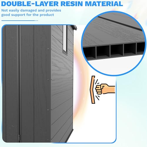 Image of Greesum 6x6FT Plastic Outdoor Storage Shed with Floor, Dark Gray | Resin Sheds with Lockable Double Doors, All-Weather Tool Sheds with Window & Multiple Vents for Garden, Yard, Patio