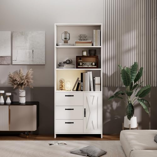 Garvee Bookshelf with Door and 3 Drawers, 71" Tall Bookcase Shelf with 3-Tier Shelves, Wooden Bookshelves and Bookcases with Storage, for Home Office, Bedroom, Living Room, Study, White - Image 7